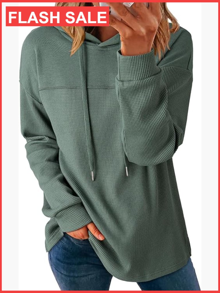 Lightweight Waffle Knit Hoodie With Kangaroo Pocket, Loose Fit Pullover